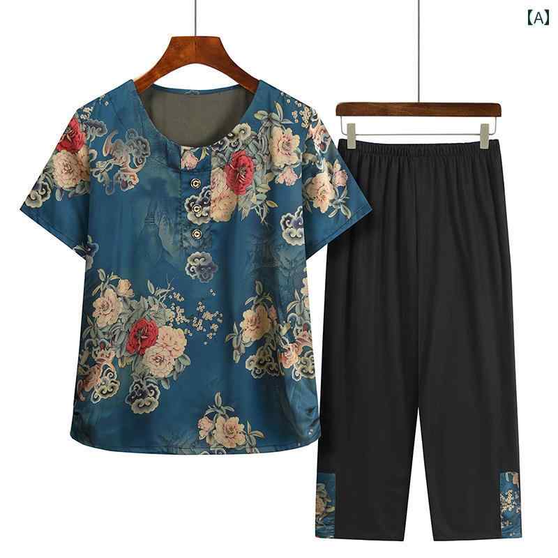 Rakuten - 婦人服 母 春夏 綿麻 薄手 上下 二点 セット 半袖 おばあちゃん 服 ルームウェア ゆったり ラクちん パジャマ Tシャツ 部屋 ズボン トップス ユニセックス ウエストゴム 大きめサイズ 総柄