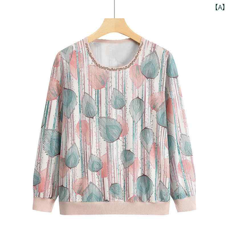 婦人服 おばあちゃん 春秋服 トップス 長袖 Tシャツ 総柄 レディース メンズ 薄地 リブ ニット ラメ入り カジュアル 快適 普段使い着 普段着 ラインストーン