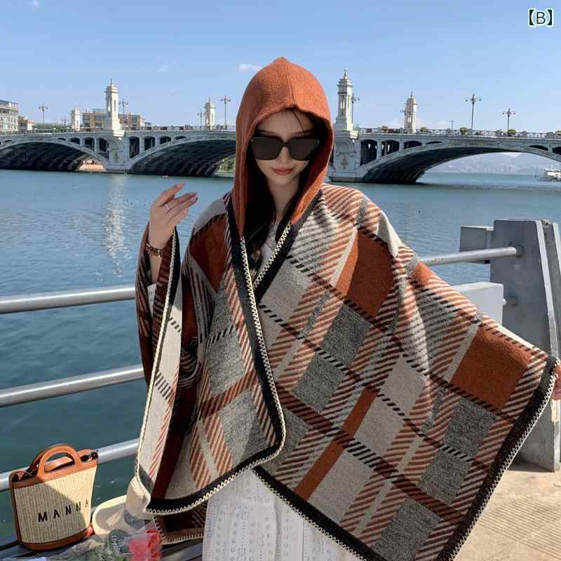 ショール エスニック ボヘミアン ファッション アクセサリー 暖かい 厚手 イミテーション チェック ポンチョ フード スカーフ 旅行 マント