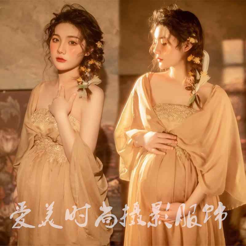 マタニティ おしゃれ フォト 衣装 写真 スタジオ 妊婦 ドレス フレンチ カーキ レトロ 油絵風 アート 妊娠 ガーゼ スカート フリーサイズ
