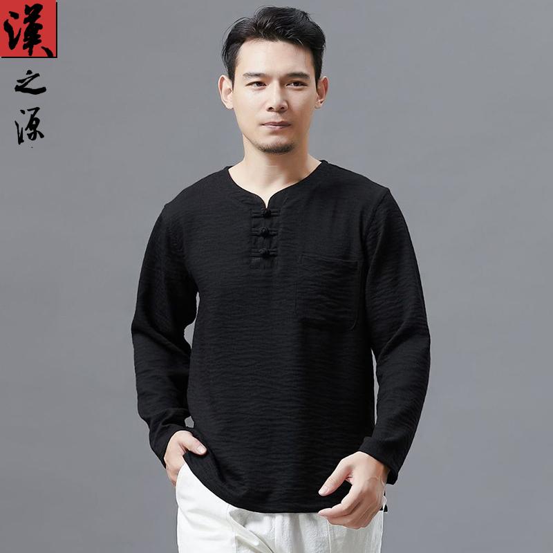 シャツ メンズ 秋 長袖 中華風 ファッション しわ リネン 質感 T チャイナ ボタン Vネック ボトム T プルオーバー トップス
