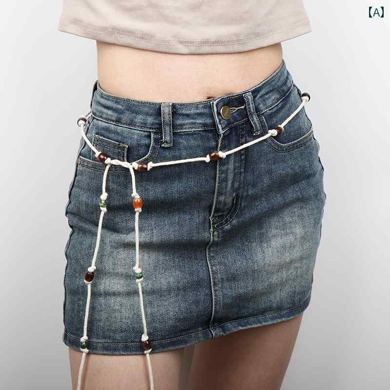 編み込みベルト 韓国 ビーズ エスニック 夏 シンプル 細 ロープ ウエスト アクセサリー アクセント アップ効果 おしゃれ かわいい 普段使い使い 快適アイテム 映え