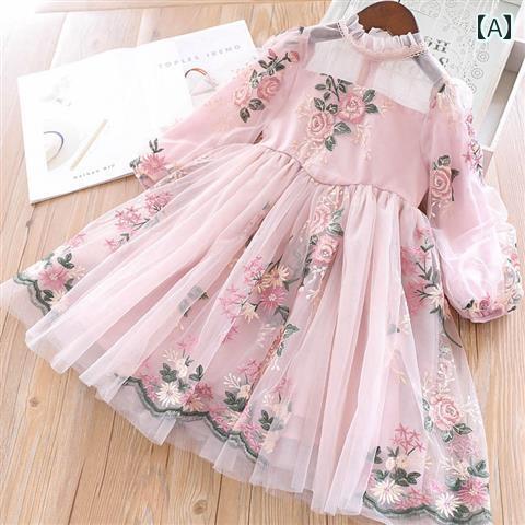 キッズ 女の子 長袖 ドレス 秋 韓国 花 刺繍 プリンセス パフスリーブ 宮殿 ガール スカート コットン