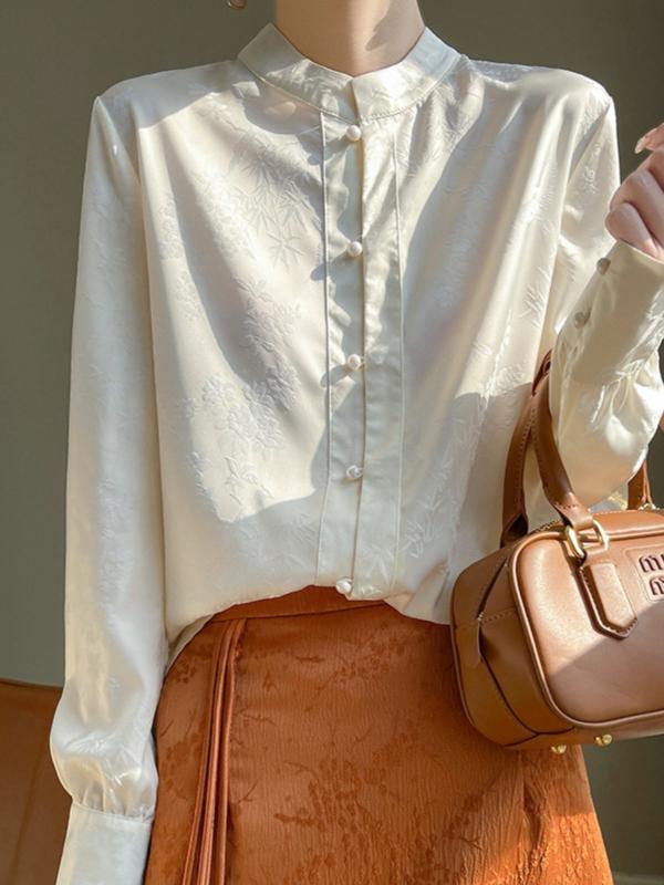 トップス シャツ レディース カジュアル おしゃれ 中華風 スタンドカラー パールボタンシャツ 女性 アセテート サテン ジャカード 高級感 シック(4)