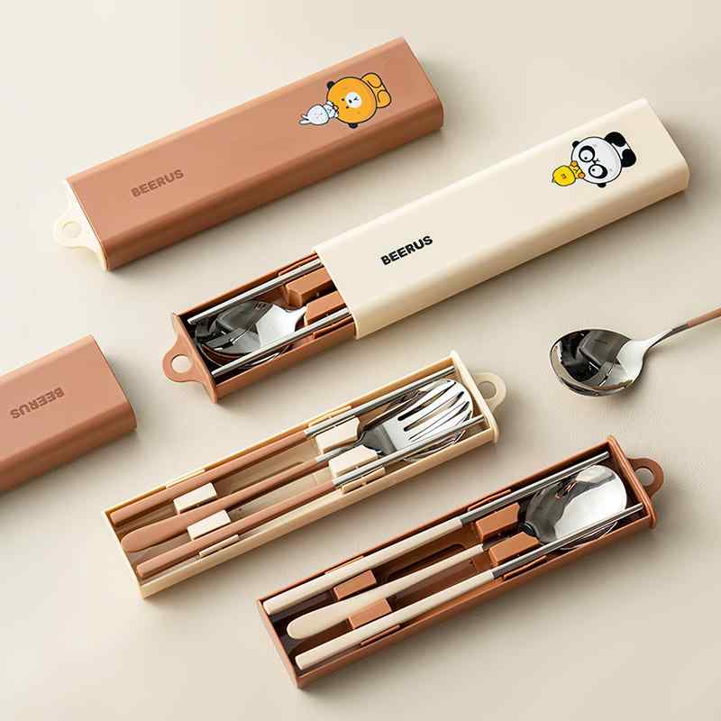 キッチン品 調理器具 食器 かわいい ポータブル 学生 箸 スプーン フォーク セット ステンレス 箸箱 収..