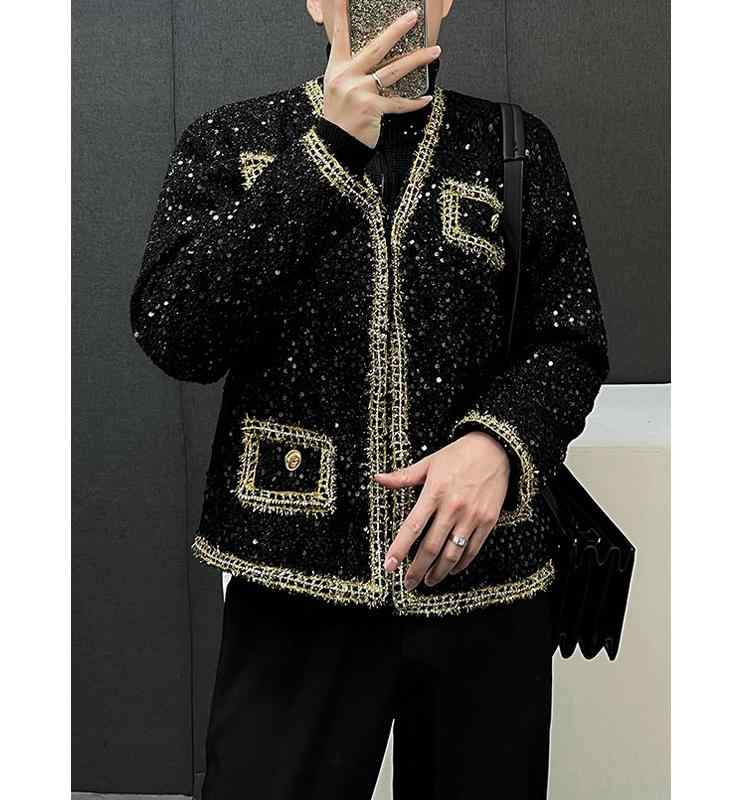 楽天セキュアデポツイードジャケット メンズ おしゃれ着 スパンコール キラキラ フレグランス ジャケット 春秋 ツイードショートジャケット