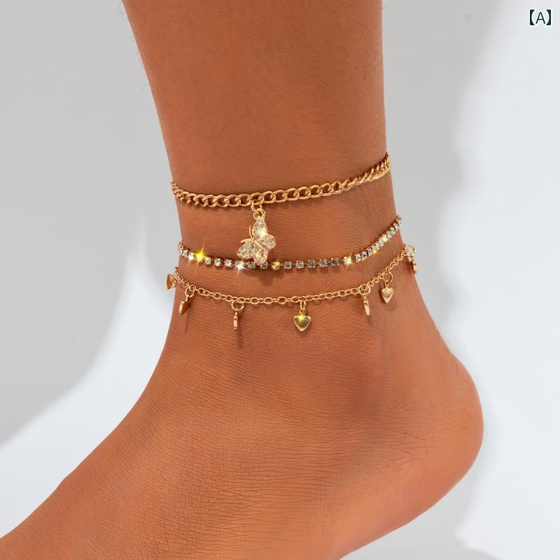 レディース 夏 タッセル アクセサリー アンクレット 水着 ビーチ プール 海水浴 アクセ 足首飾り アメリカン ジュエリー セット 蝶 足 飾り レトロ パール