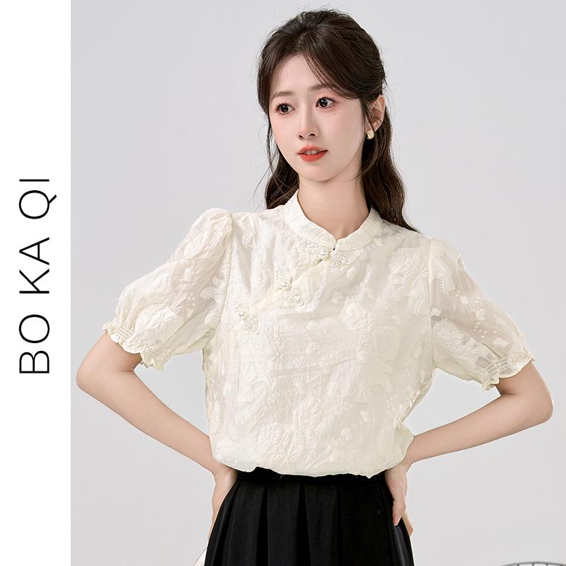 Short Sleeves - シャツ レディース ブラウス 夏 中華風 パフスリーブ 刺繍 女性 ガーリー 大人かわいい ボタン ダウン シック 半袖