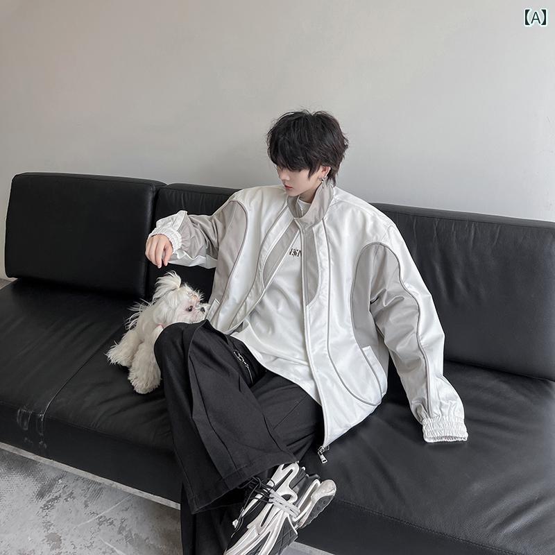 メンズ カジュアル ジャケット かっこいい アメリカン スプライシング コントラスト ホワイト スタンドカラー 春秋 ハイエンドな トップス(4)