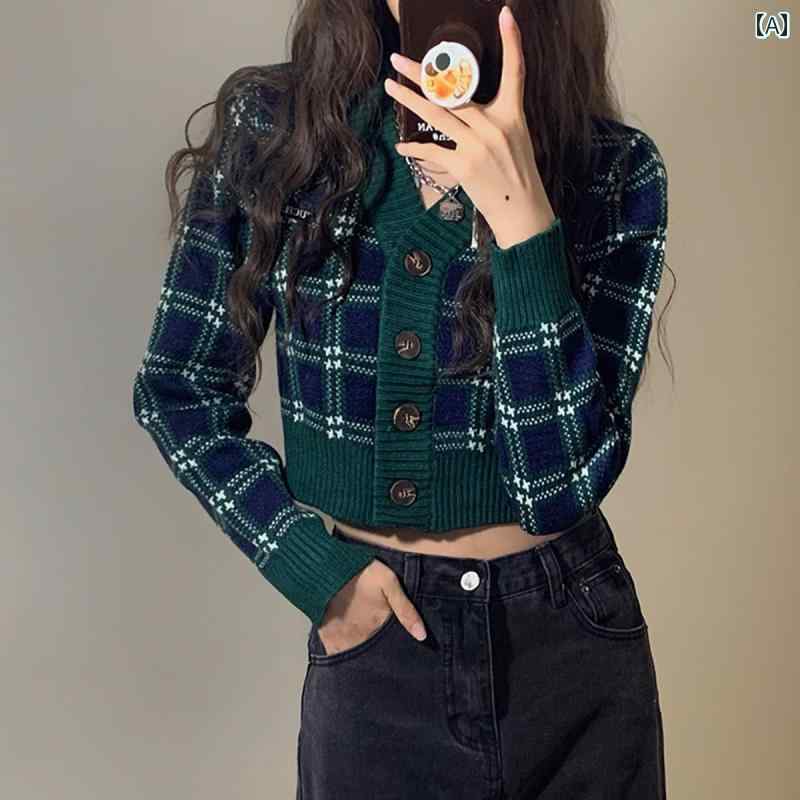 レディース ファッション チェック柄 V ネック 長袖 ニット トップス 女性 冬 カーディガン アメリカン レトロ ショート ジャケット