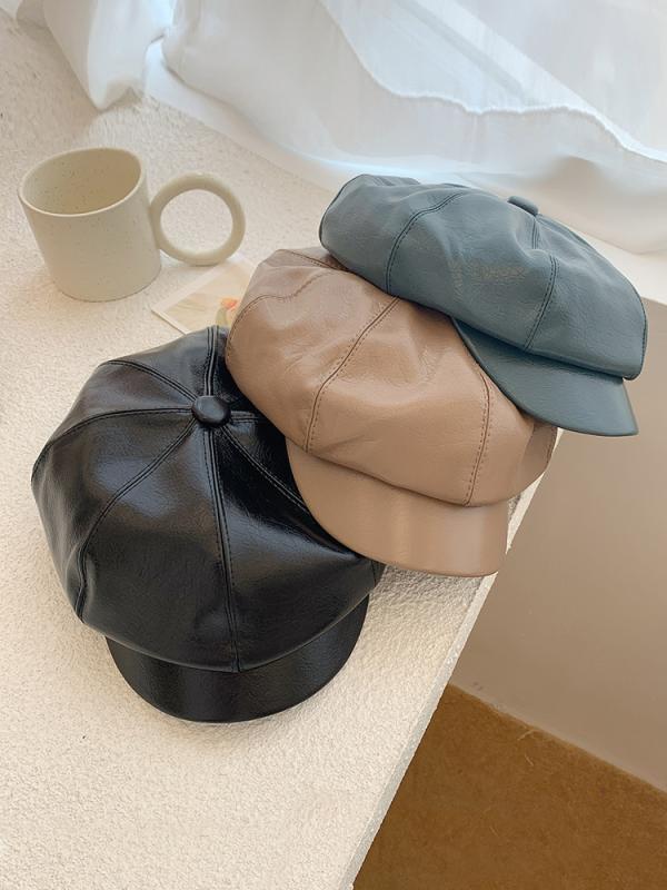 キャスケット 帽子 ベレー帽 レザー 合皮 革 pu レディース ハンチング 八角形 画家風 オールシーズン 小顔効果 大きいサイズ 黒 ベージュ グレー シック