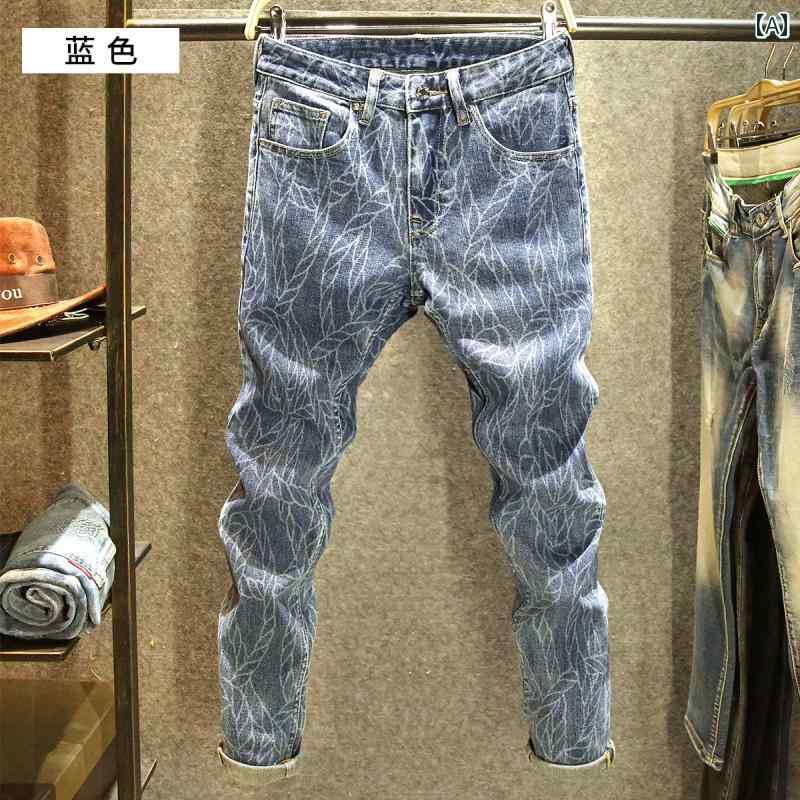 デニムパンツ メンズ プリント ジーンズ オールシーズン スリム フィット ブルー カジュアル ロング パンツ ストレッチ デニム ダメージ加工 サンドブラスト