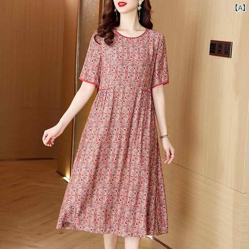 レディース 夏 ワンピース ゆったり 体型カバー マザー 婦人服 女性 ハイエンド レトロ プリント ドレス ラウンドネック 半袖 スカート お腹 カバー スリム