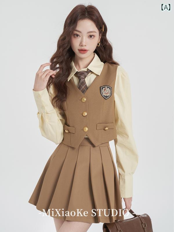 カレッジ レディース 女の子 ファッション 秋冬 ベスト スカート シャツ 3 点セット ネクタイ カジュアル