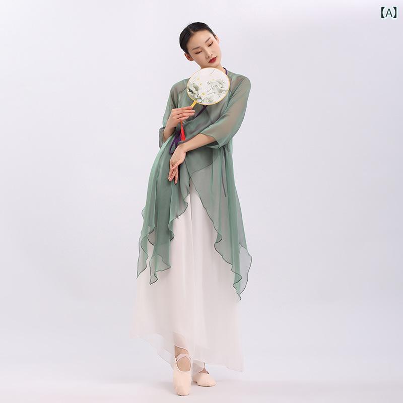 セキュアデポのレディース ダンス ファッション レトロ 服 エレガント 緑 ガーゼ トップス フェアリー トレーニング パフォーマンス チャイナ風 スーツ 夏｜アングル2
