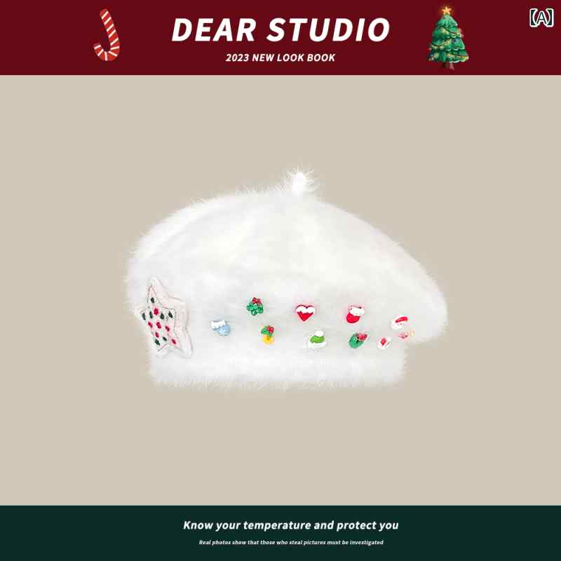 和菓子 かわいい クリスマス要素 赤 ウサギの ベレー帽 冬 レディース ファッション 暖かい 学生 画家..