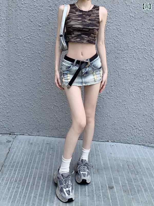 レディース 夏 ファッション ボトムス スカート スタイリッシュ ガール ローウエスト リッピング デニムスカート 女性 レトロ ミニ ヒップ カバー 抗 露出 キュロット