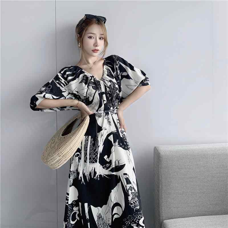 夏 ワンピ リゾート 休暇 写真撮影 魅惑 レディース ワンピース ドレス レトロ プリント Vネック エレガント