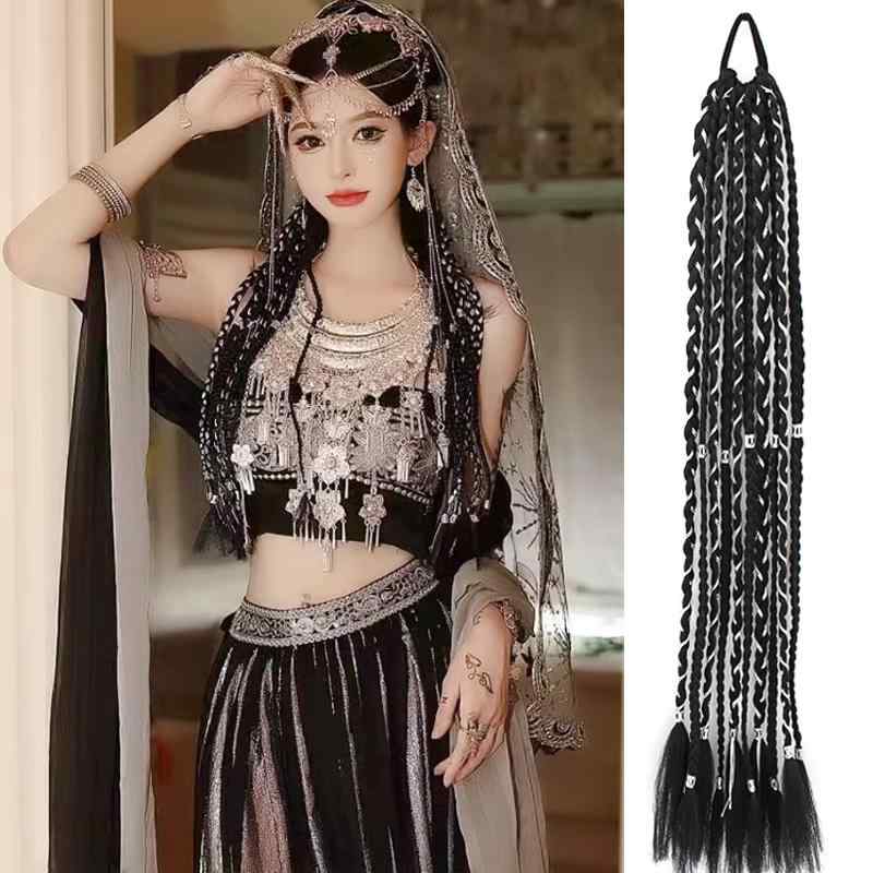 レディース ウィッグ ワンタッチ おしゃれ レトロ ダーティ 三つ編み かつら ポニーテール ロング 人工..