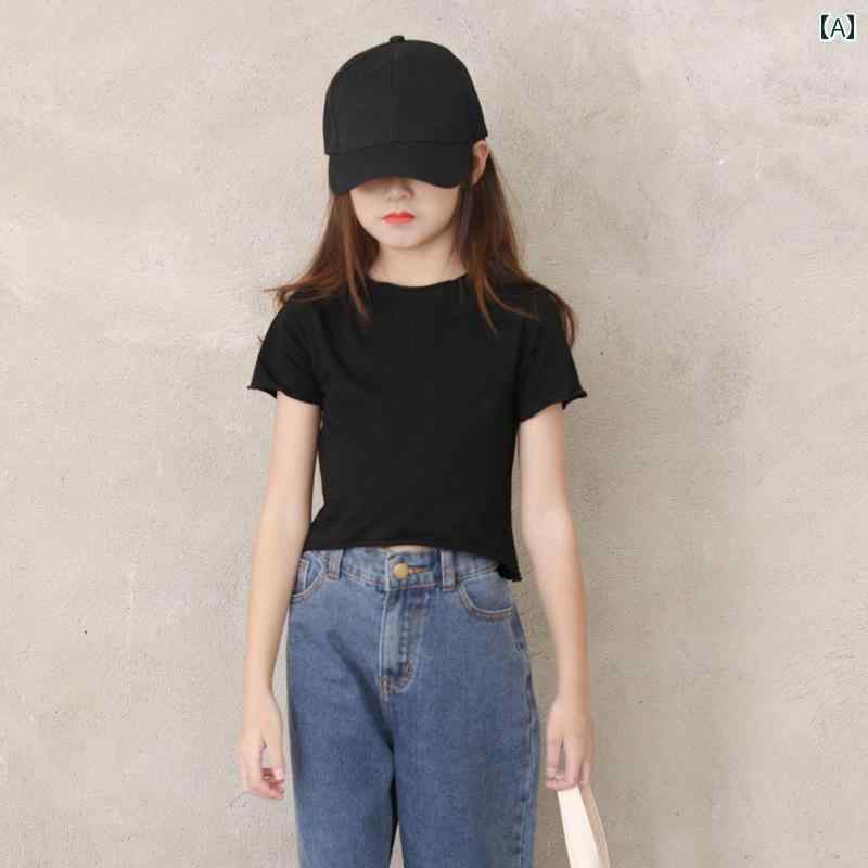 トップス 女の子 ガールズ 半袖 Tシャツ 綿 ファッション 中 大 子供用 ショート 韓国 ストライプ 子供服 Tシャツ 夏服