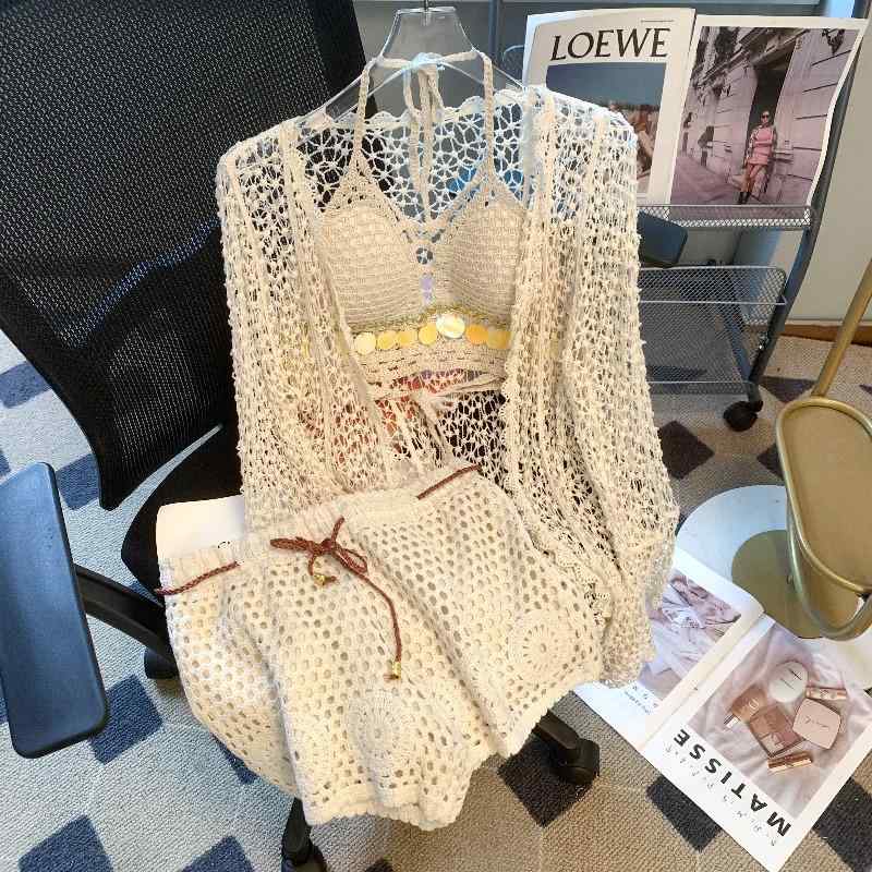 Two-Piece - シャツ レディース 長袖 ニット ボヘミアン 日焼け防止 スパンコール キャミソール 水着 セット ショーツ 3 点 セット