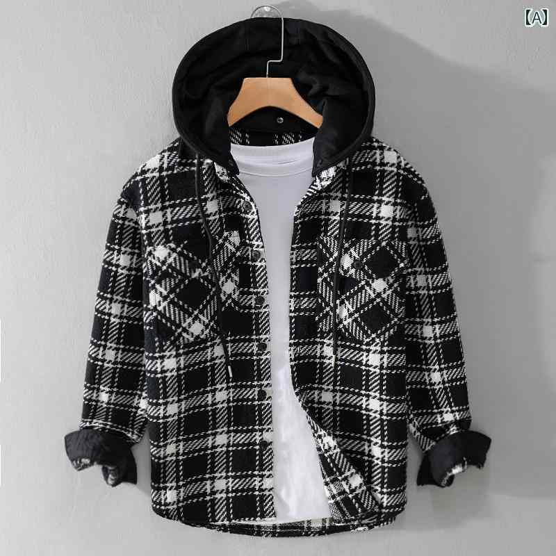 メンズ カジュアル トップス 屋外 アウトドア 若々しい チェック柄 フード付き パーカー ジャケット フード 厚手 シャツ 男性用