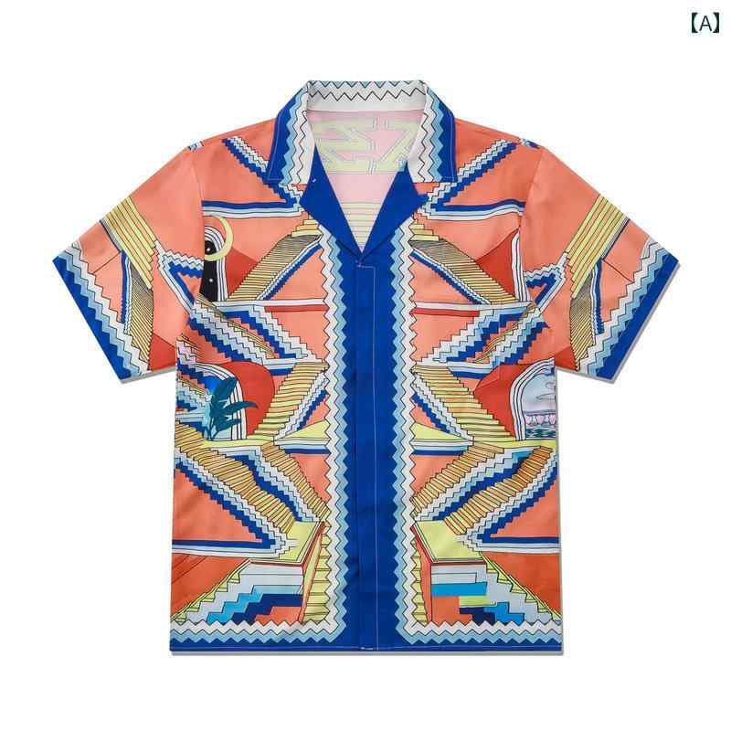 柄シャツ メンズ カジュアル アメリカン シチリア 休暇 旅行 ミラー ラダー 柄 半袖 シャツ レディース..