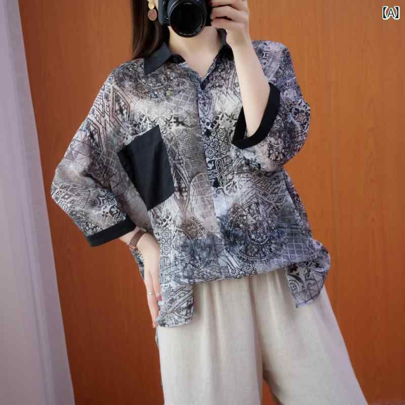 レディース カジュアル トップス シャツ おしゃれ 普段使い 婦人服 大きいサイズ レトロ プリント 綿 リネン 長袖 女性 ゆったり スリム 見せ 滑らか 質感