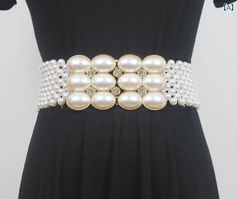 ベルト 幅広 ウエストマーク パール ベルト レディース 夏 ワイド ストレッチ ドレス ラインストーン ウエスト バンド 白 アクセサリー エレガント