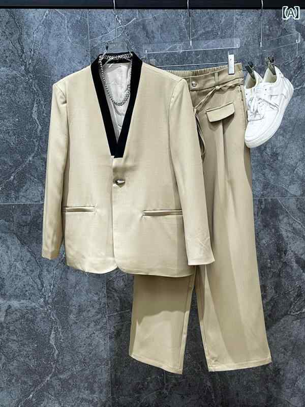 メンズ スーツ ファッション Vネック 韓国 ジャケット 春秋 襟し アウターウェア シングルブレスト 上..