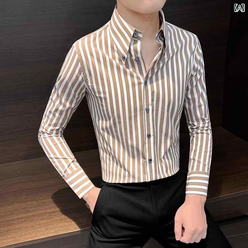 メンズ カジュアル シャツ ワンピース カラー 長袖 カラフル ストライプ フレンチ ラージ V ネック ス..