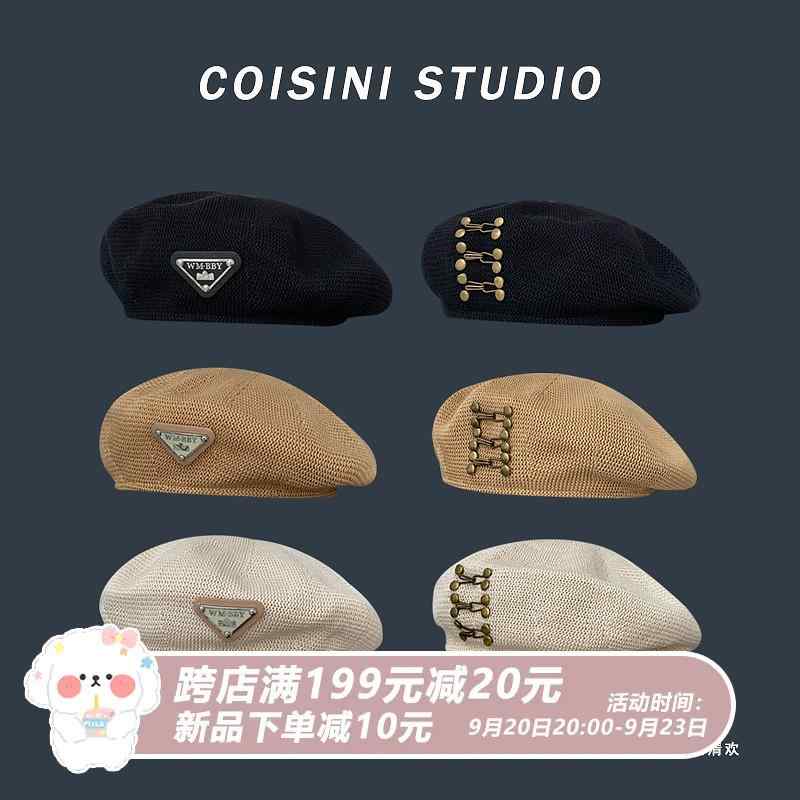 ベレー帽 スタッド バックル 三角ロゴ 綿 リネン ベレー帽 レディース 夏 通気性 黒 ペインター 帽子