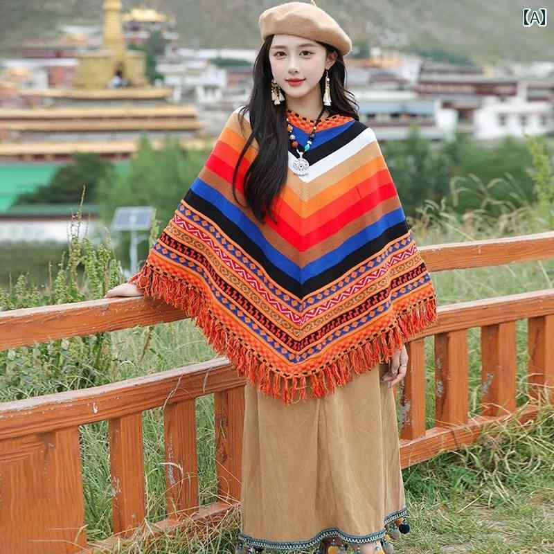 レディース エスニック ショール おしゃれ 民族風 ペルー 部族 マント 対照的 ストライプ プルオーバー スカーフ 女性 秋冬 旅行 アウター セーター