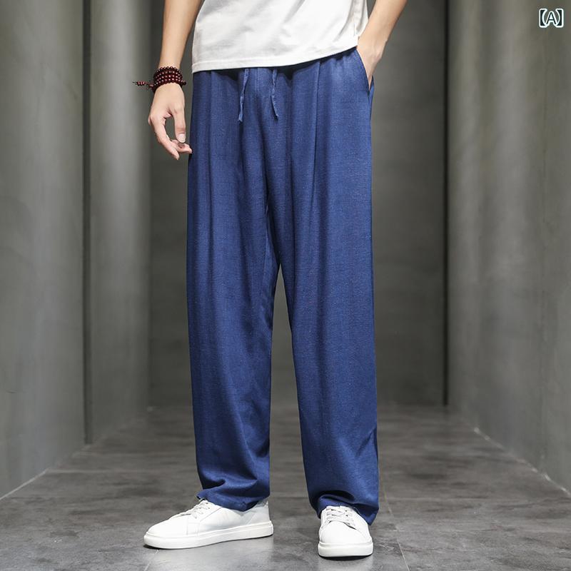 メンズ リネン カジュアル パンツ 夏 薄手 チャイナ風 大きめサイズ 綿 ストレート パンツ レトロ パンツ