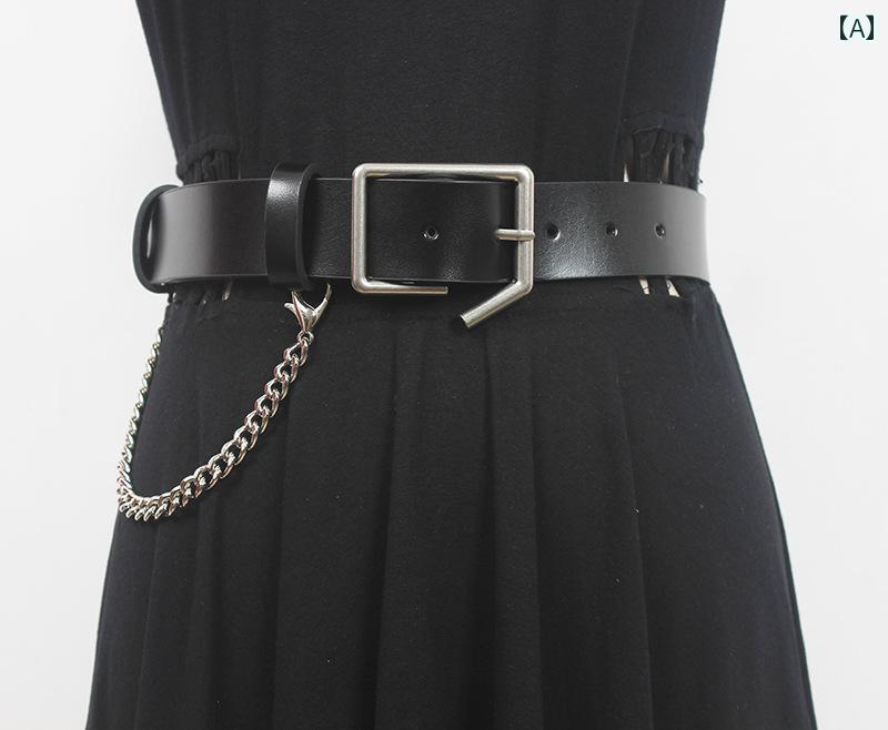 ベルト 黒 装飾 シンプル 牛革 ジーンズ レディース ワイド チェーン カジュアル ファッション