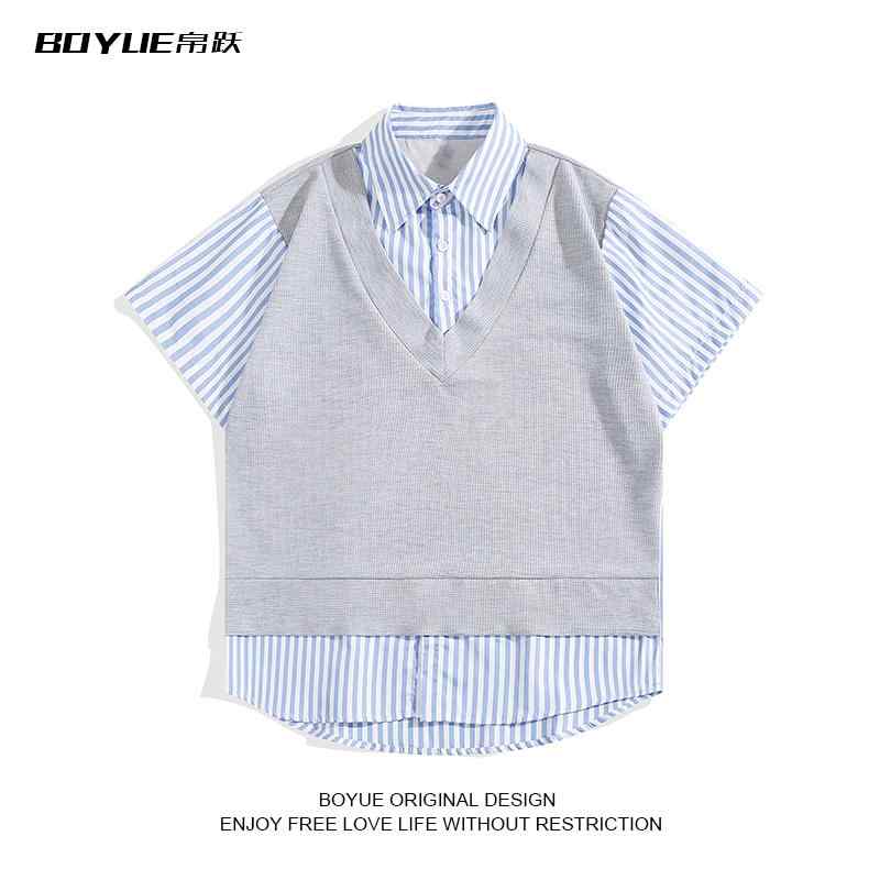 シャツ メンズ ファッション 夏 カラー ブロック 半袖 フェイク ツーピース パッチワーク ストリート ..