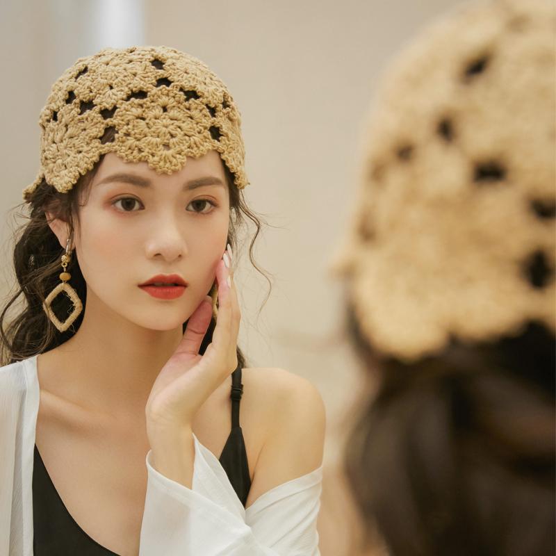 レディース ニット ファッション エスニック 帽子 かぎ針 編み プルオーバー ハット レトロ 通気性 レース かぎ針 編み トゥ キャップ