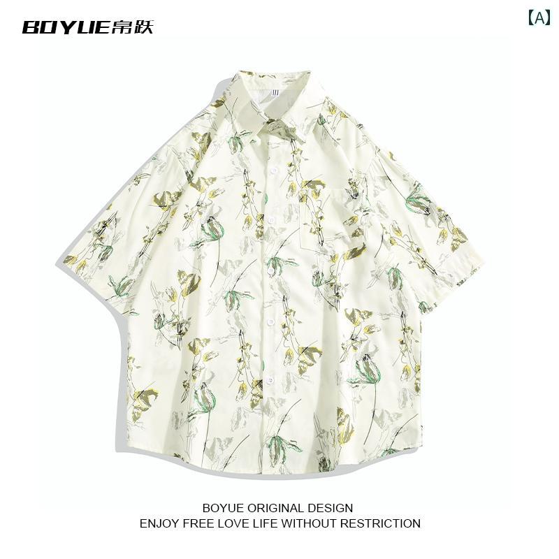 メンズ 夏 トップス シャツ サマー ヴィンテージ レトロ 植物 フル プリント 半袖
