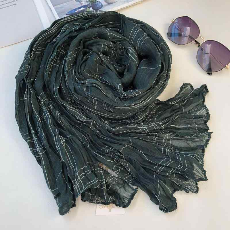 レディース 秋 冬 春 ダーク グリーン スカーフ 薄手 綿 リネン 韓国 プリーツ ロング ショール リネン スカーフ
