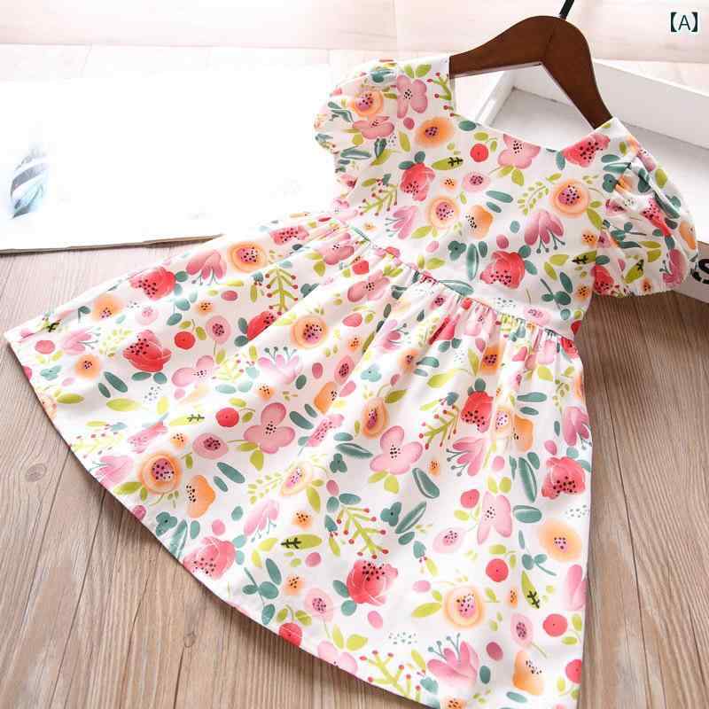 夏 子供服 かわいい ワンピース キッズ 女の子 フラワープリント コットン スクエアネック パフスリーブ ベスト ベビー ドレス