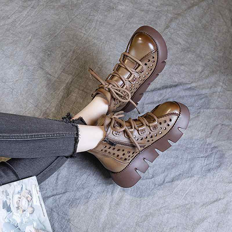 大 メッシュ 夏ブーツ レザーカット レディースシューズ 通気性 ショートブーツ レトロ 穴開きブーツ