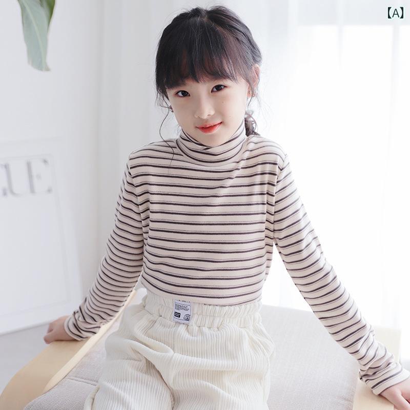 シャツ トップス 女の子 ガールズ レイヤリング ハーフ タートル カラー ストライプ 長袖 Tシャツ ジャー マン ベルベット 子供用 中型 Tシャツ 秋冬 ベルベット 暖かい