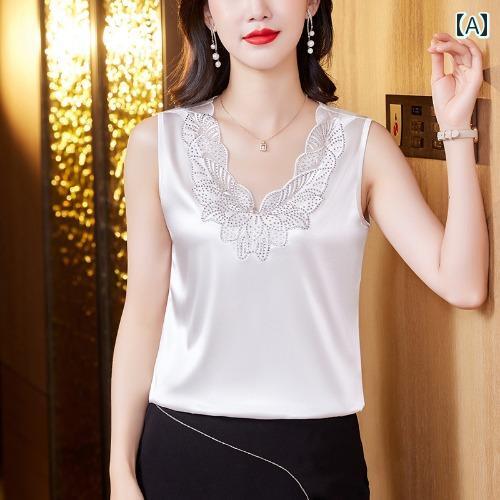 レディース 夏 ノースリーブ シャツ サマー ファッション 上品 マザーズ 婦人服 普段使い V ネック ホット ベスト 春 サテン 大きいサイズ 女性 トップス インナー アウター