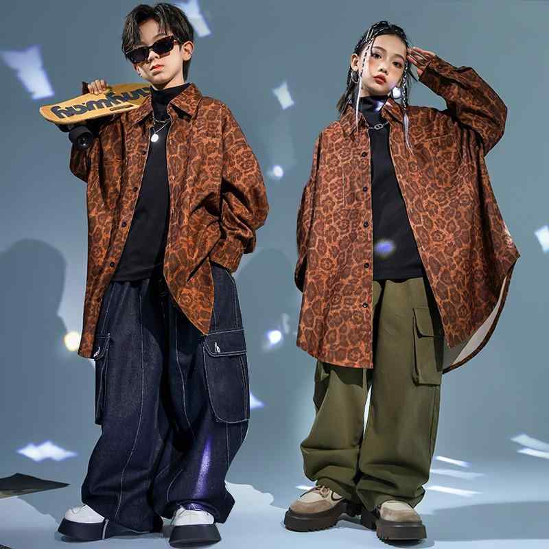 子供服 女の子 男の子 ヒョウ柄シャツ ハイネックシャツ ブラックジーンズ コスチューム バンド ダンス ヒップホップ ストリート系 パフォーマンス 衣装 クール かっこいい キッズ