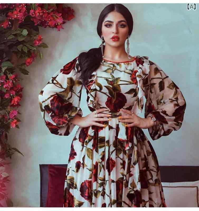 レディース エスニック ワンピース 体型カバー アメリカ 中東 フリル ローズ プリント ドレス 女性用 ローブ