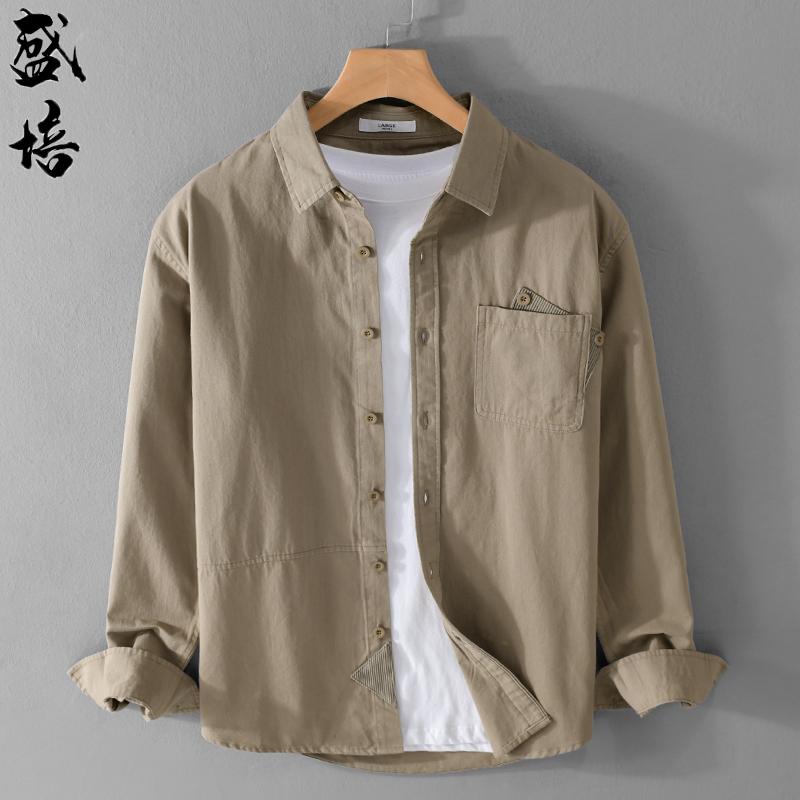 トップス シャツ トップス ジャケット メンズ 爽か シンプル 綿 長袖 春 スプライシング ポケット ファッション レトロ ワークシャツ