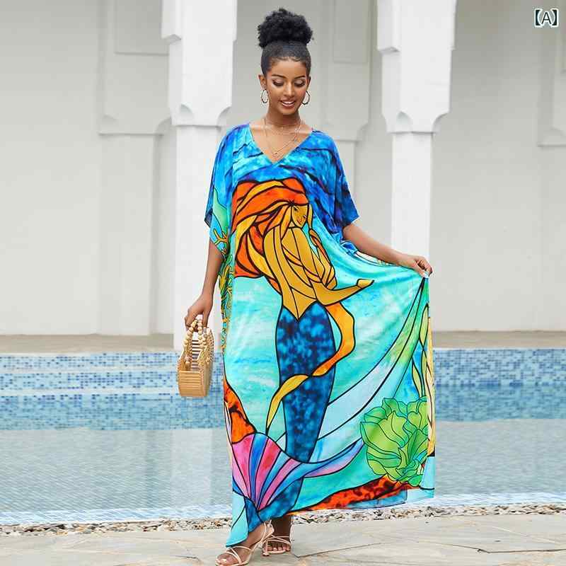 レディース リゾート ワンピース アイランド マーメイド プリント ローブ モルディブ バケーション ドレス プルオーバー ビーチ スカート 女性用