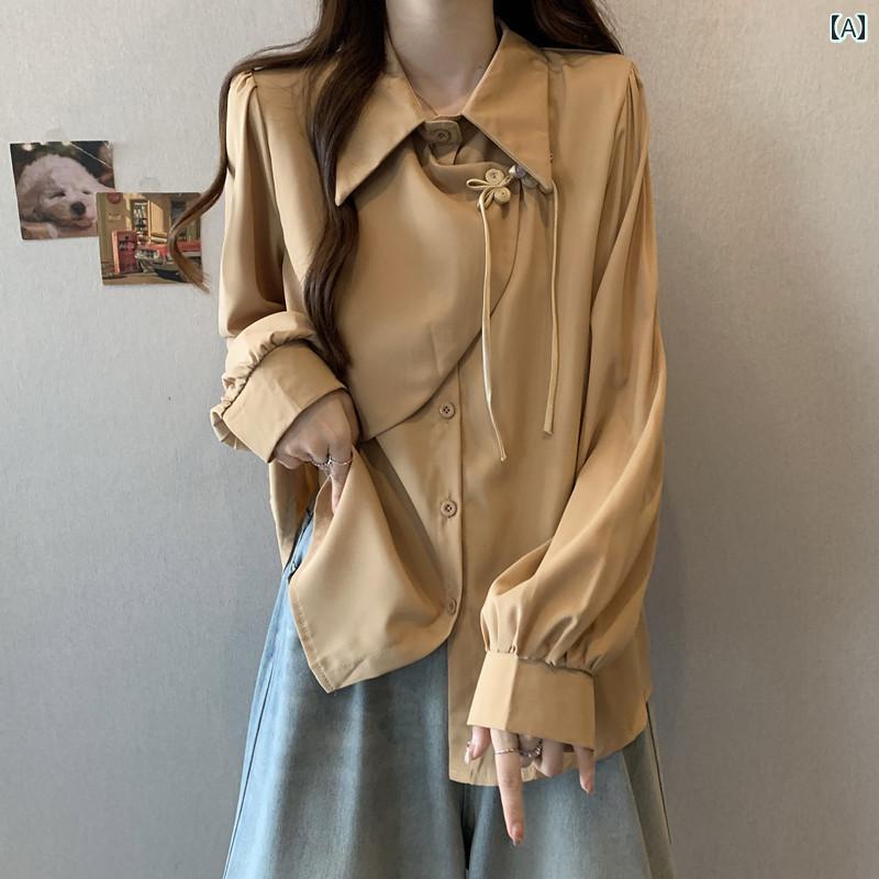 Rakuten - ブラウス 女の子 春 レディース 大きめサイズ チャイナ風 シフォン シャツ スリム ボタン トップス