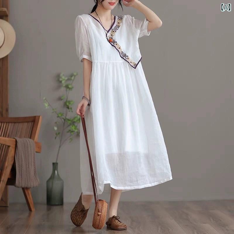 レディース 夏 ワンピース ロング ビーチ リゾート エスニック ラミー 刺繍 ドレス 女性 サマードレス スタイル レトロ ゆったり 若返り リネン スカート
