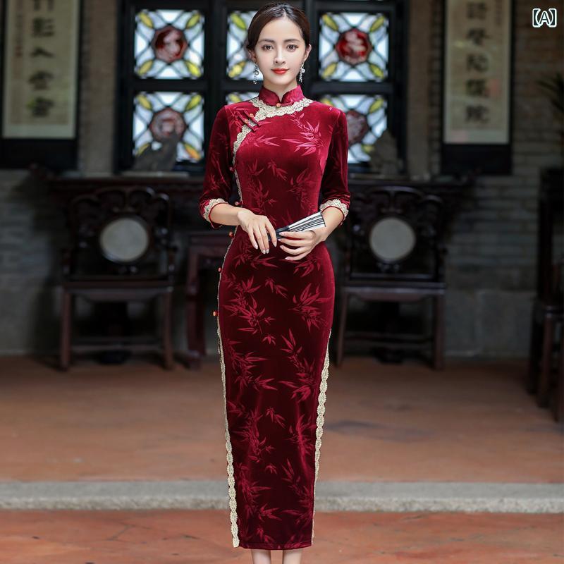 China Dress - レディース チャイナ ドレス エレガント ワンピース 撮影 衣装 ブルゴーニュ 古風 秋冬 中華風 レトロ 普段使い 日常着 長袖